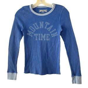 American Eagle Shirt Size XS Blue Waffle Knit Long Sleeve Mountain Time Graphic